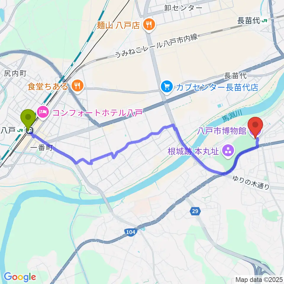 八戸駅から八戸市博物館へのルートマップ地図