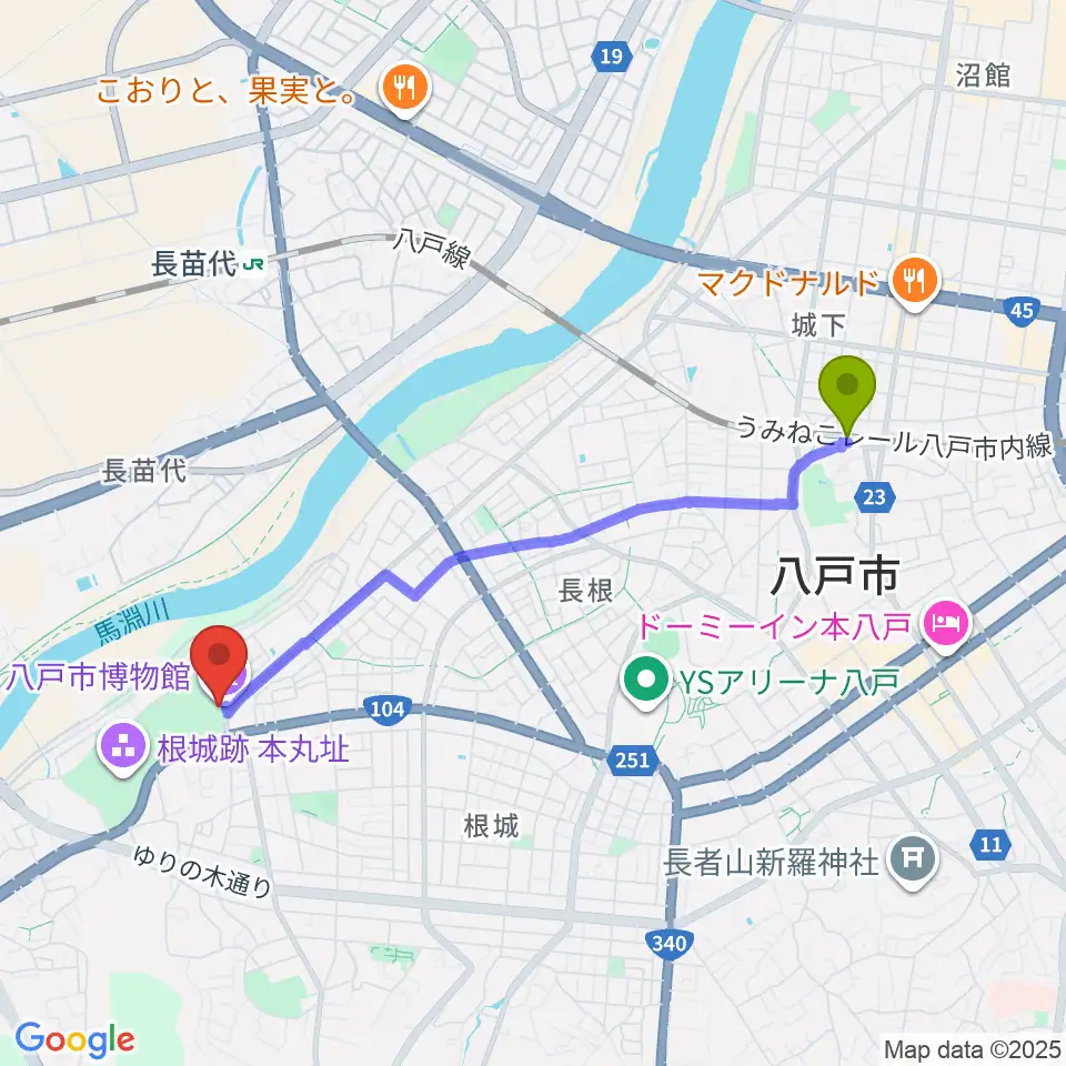 本八戸駅から八戸市博物館へのルートマップ地図