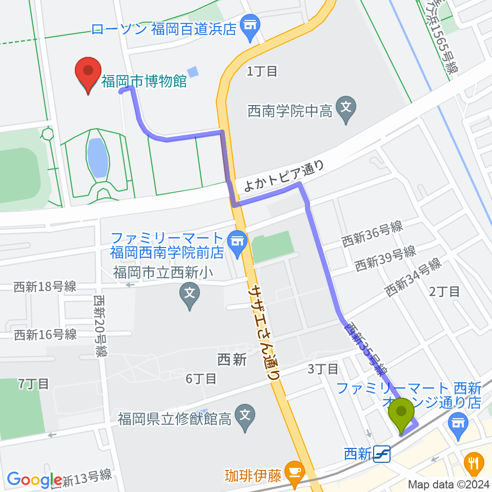 福岡市博物館の最寄駅西新駅からの徒歩ルート（約15分）地図