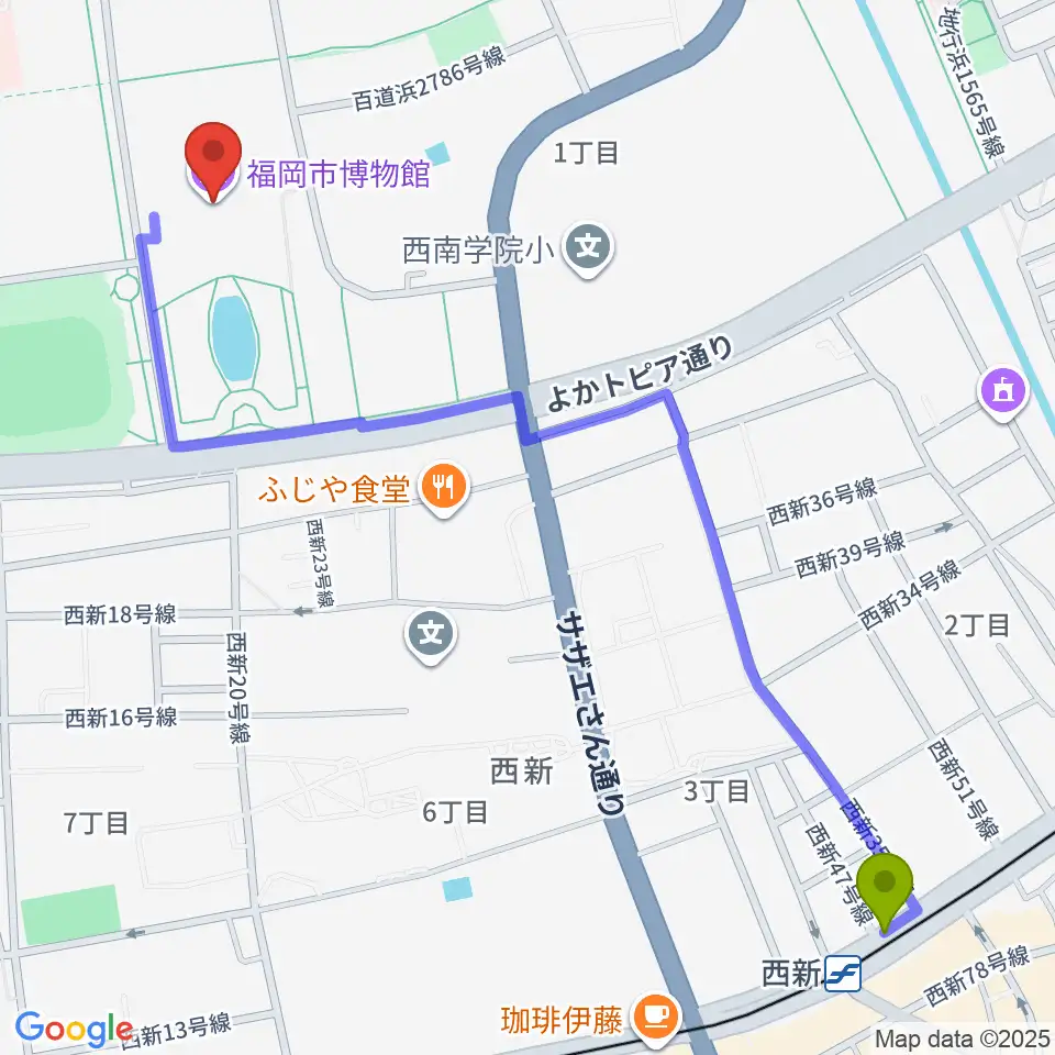 福岡市博物館の最寄駅西新駅からの徒歩ルート（約15分）地図