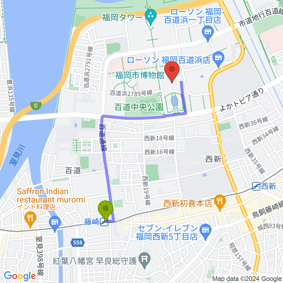 藤崎駅から福岡市博物館へのルートマップ地図