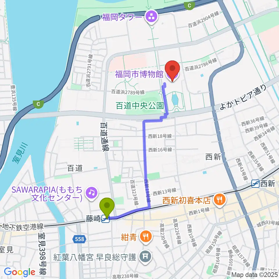 藤崎駅から福岡市博物館へのルートマップ地図