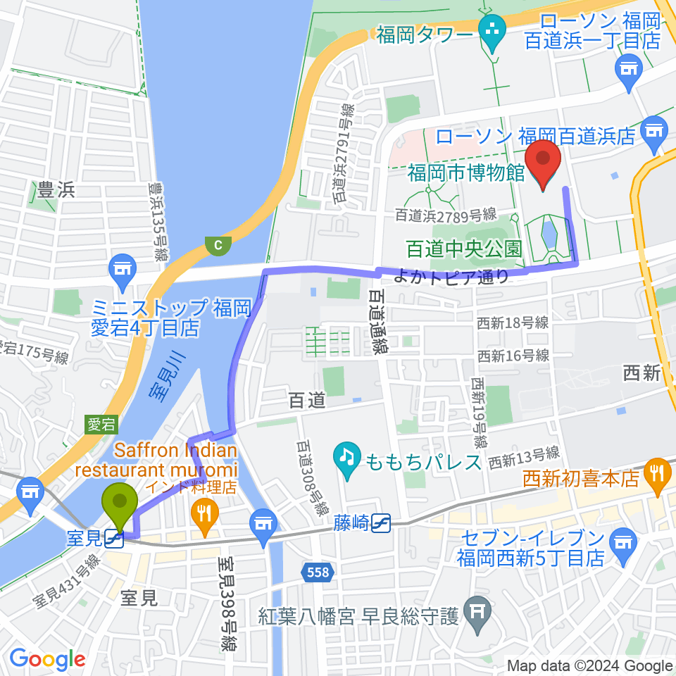 室見駅から福岡市博物館へのルートマップ地図