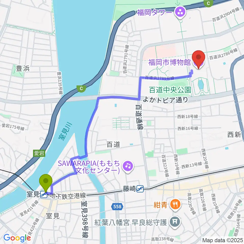 室見駅から福岡市博物館へのルートマップ地図