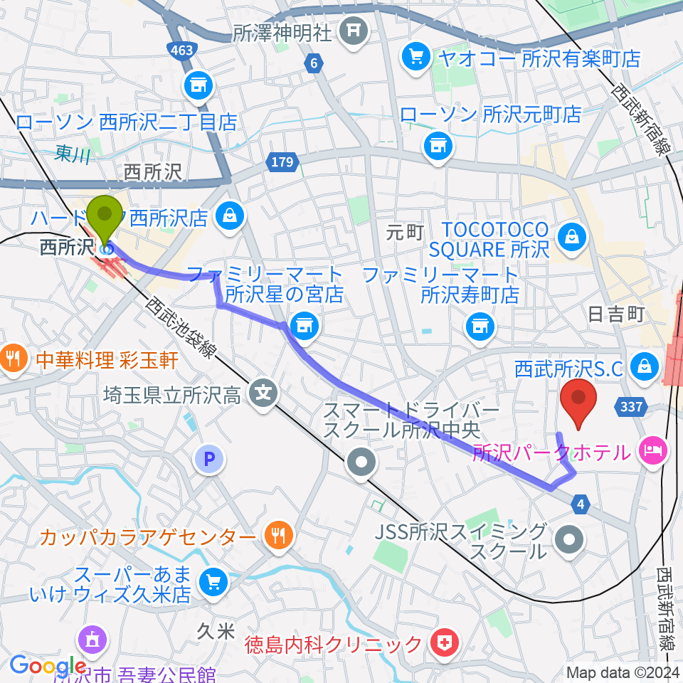 西所沢駅からT・ジョイ エミテラス所沢へのルートマップ地図