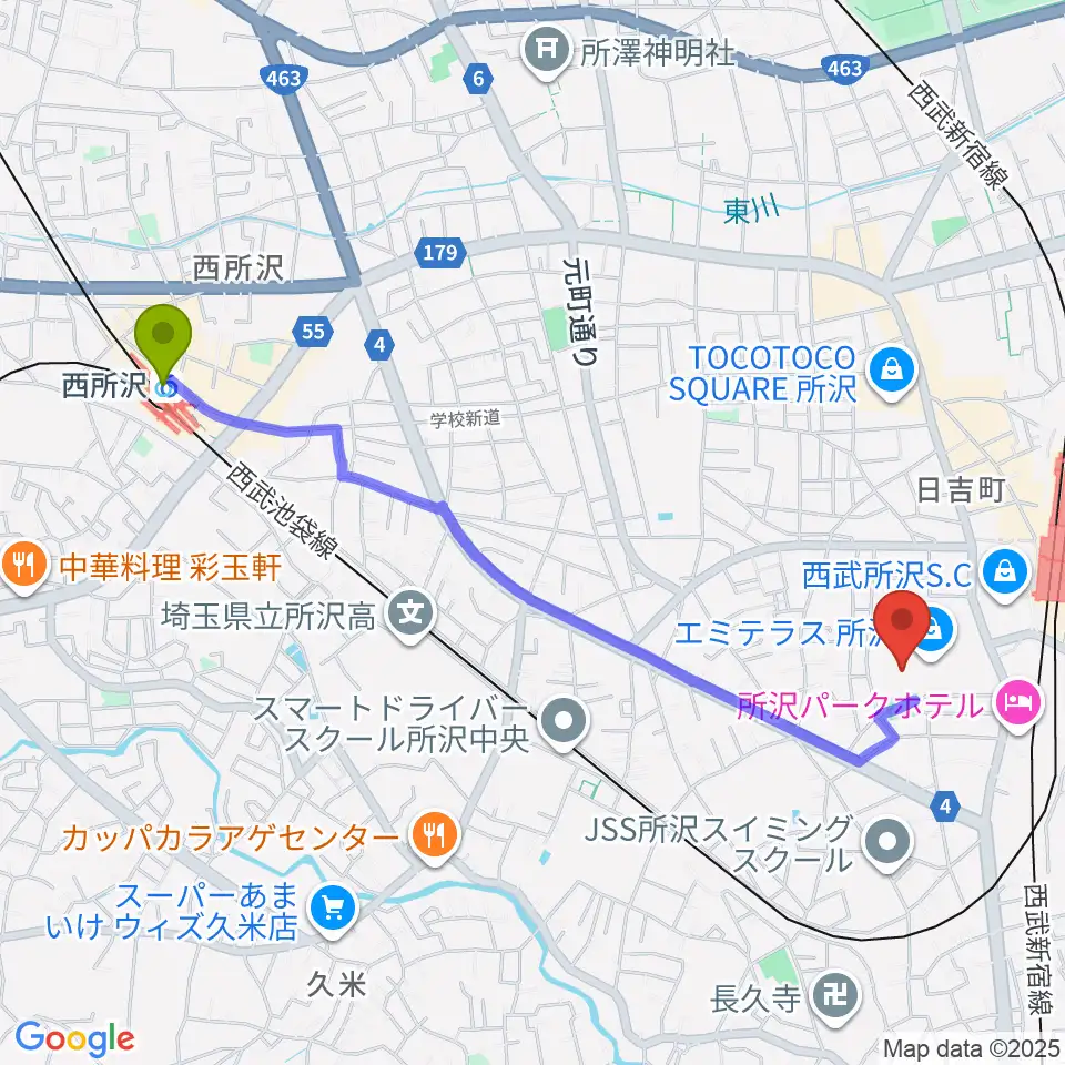 西所沢駅からT・ジョイ エミテラス所沢へのルートマップ地図
