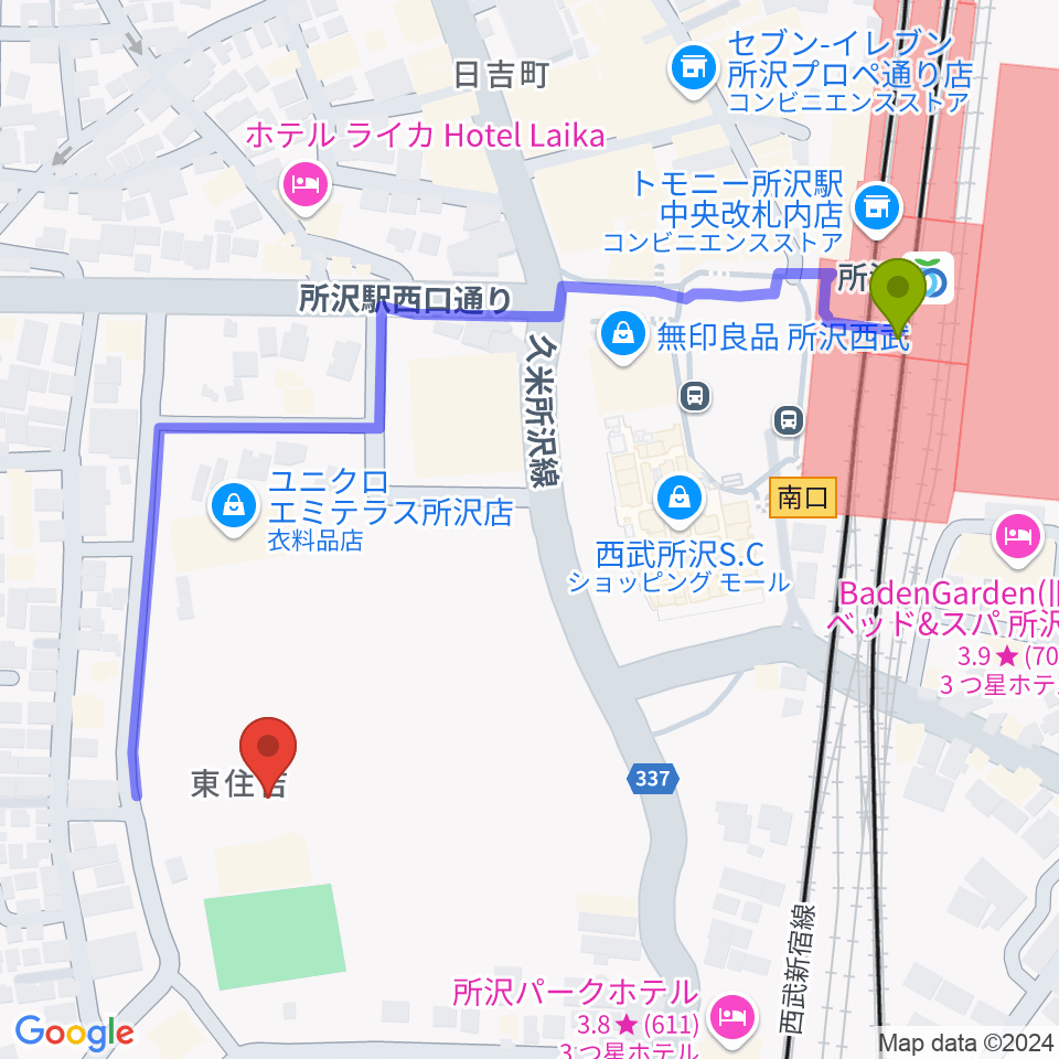 T・ジョイ エミテラス所沢の最寄駅所沢駅からの徒歩ルート（約6分）地図