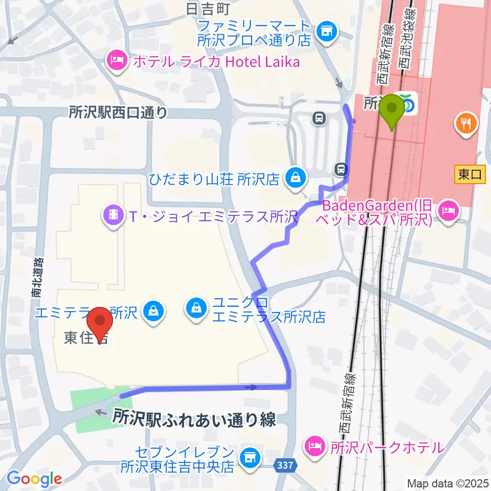 T・ジョイ エミテラス所沢の最寄駅所沢駅からの徒歩ルート（約6分）地図