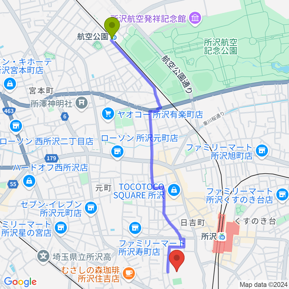 航空公園駅からT・ジョイ エミテラス所沢へのルートマップ地図