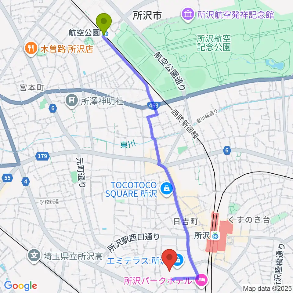 航空公園駅からT・ジョイ エミテラス所沢へのルートマップ地図