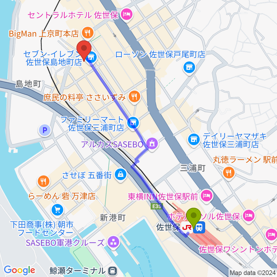 佐世保駅からシネマボックス太陽へのルートマップ地図