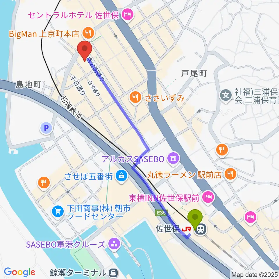 佐世保駅からシネマボックス太陽へのルートマップ地図