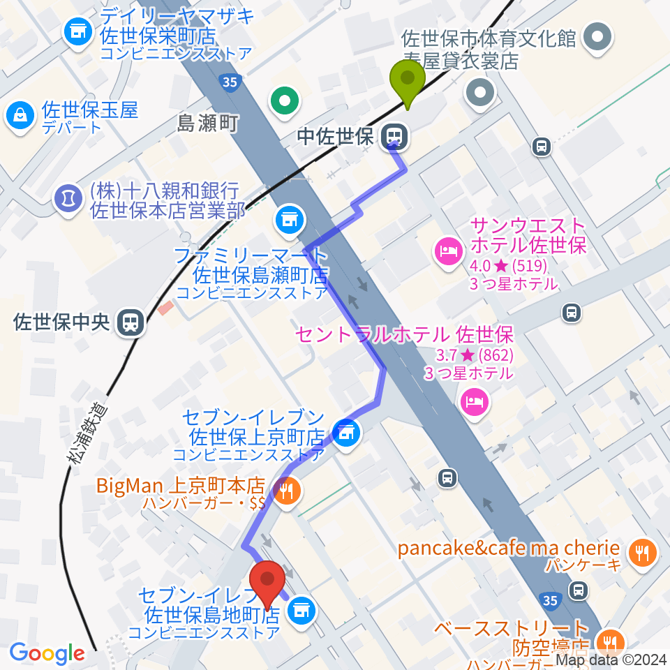 中佐世保駅からシネマボックス太陽へのルートマップ地図