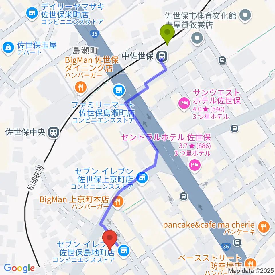 中佐世保駅からシネマボックス太陽へのルートマップ地図