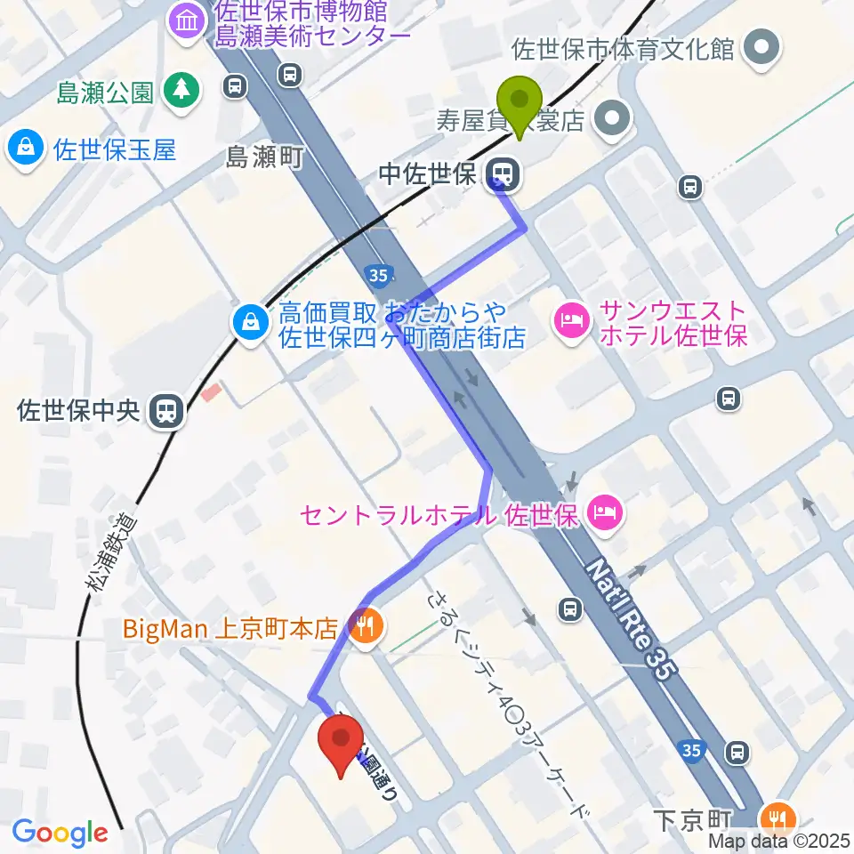 中佐世保駅からシネマボックス太陽へのルートマップ地図