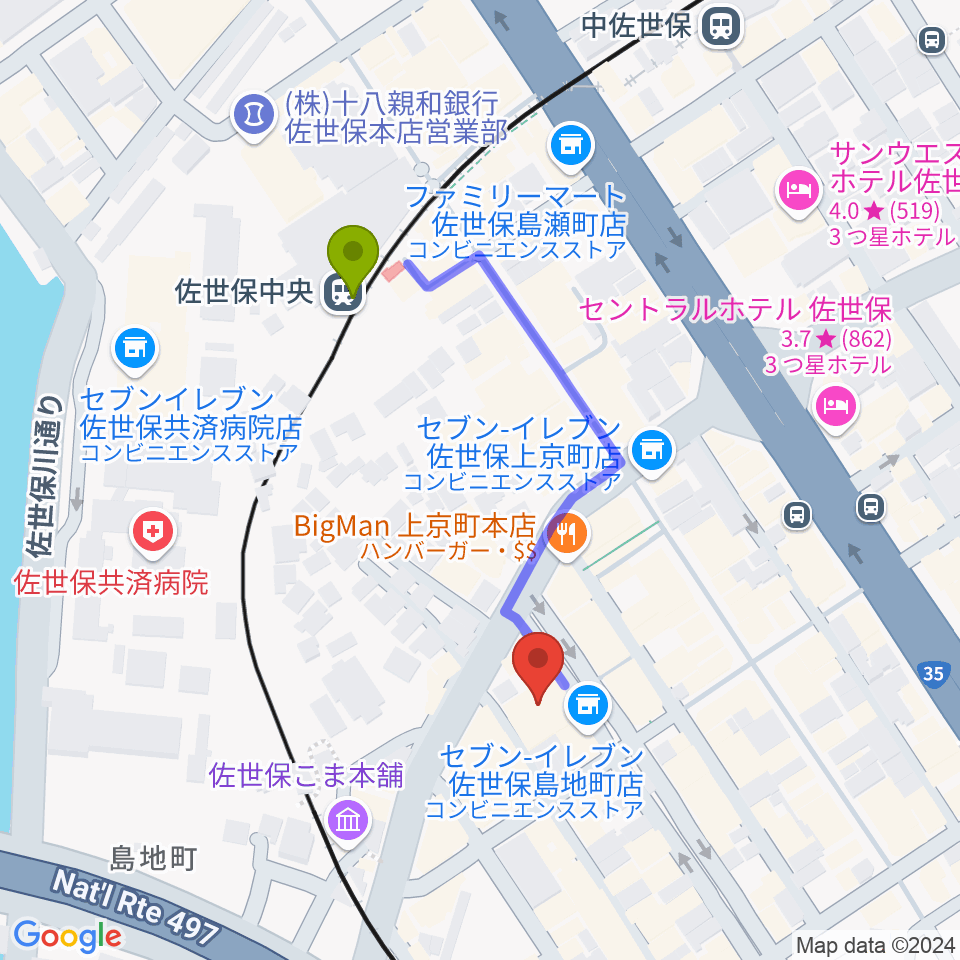 シネマボックス太陽の最寄駅佐世保中央駅からの徒歩ルート（約4分）地図