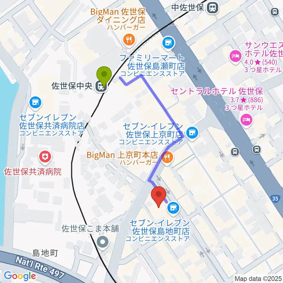 シネマボックス太陽の最寄駅佐世保中央駅からの徒歩ルート（約4分）地図