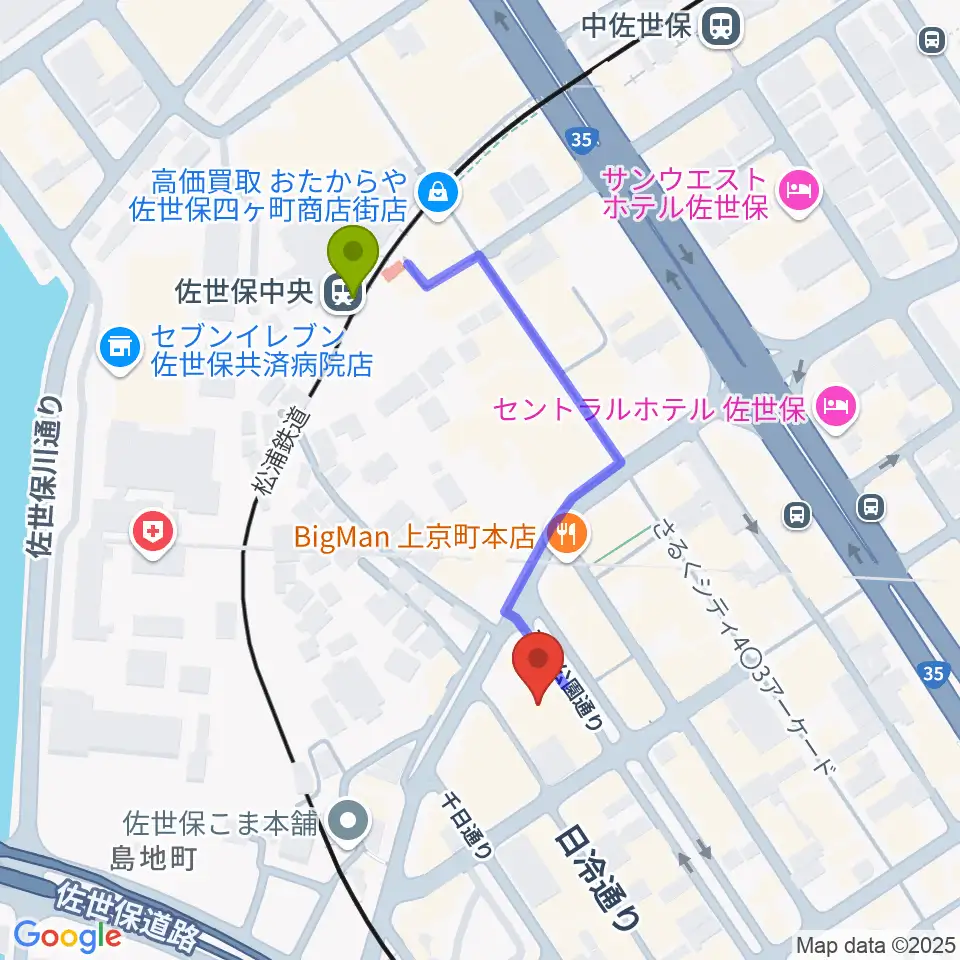 シネマボックス太陽の最寄駅佐世保中央駅からの徒歩ルート（約4分）地図