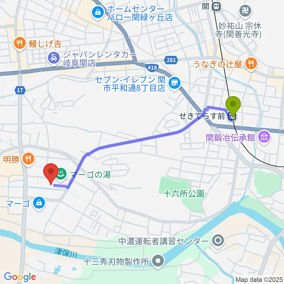 シネックスマーゴの最寄駅せきてらす前駅からの徒歩ルート（約21分）地図