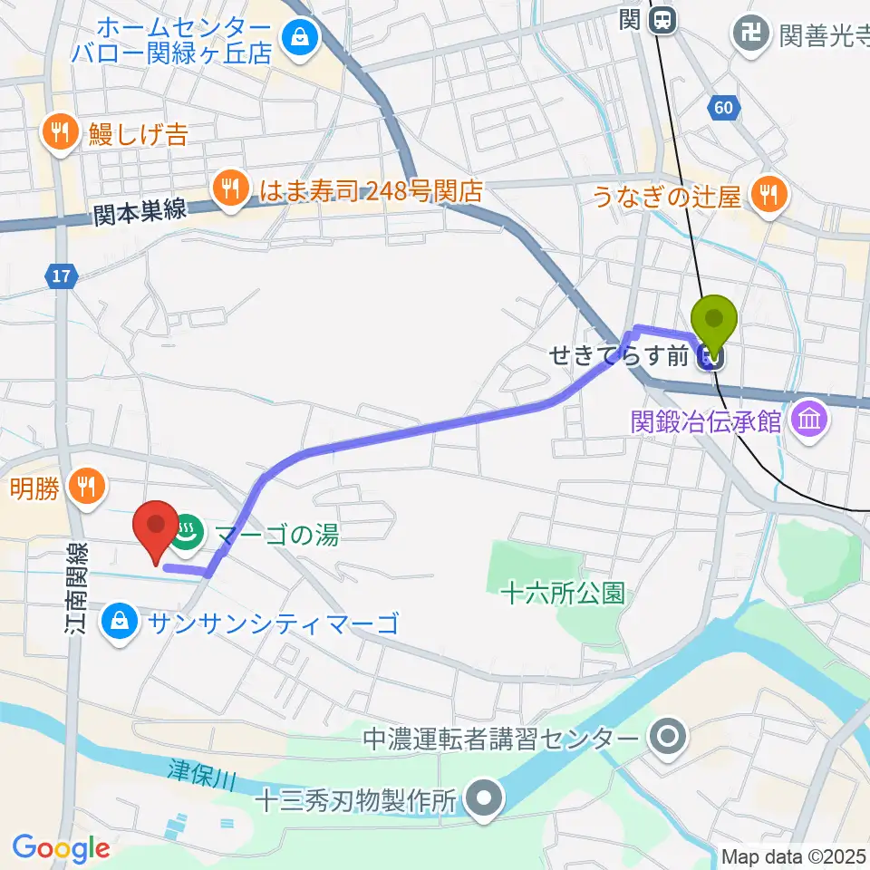 シネックスマーゴの最寄駅せきてらす前駅からの徒歩ルート（約21分）地図