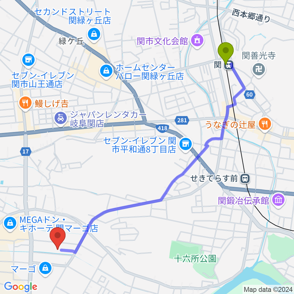 関駅からシネックスマーゴへのルートマップ地図