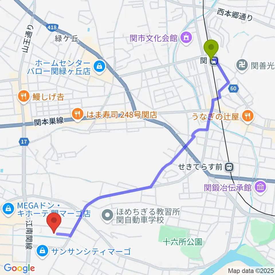 関駅からシネックスマーゴへのルートマップ地図