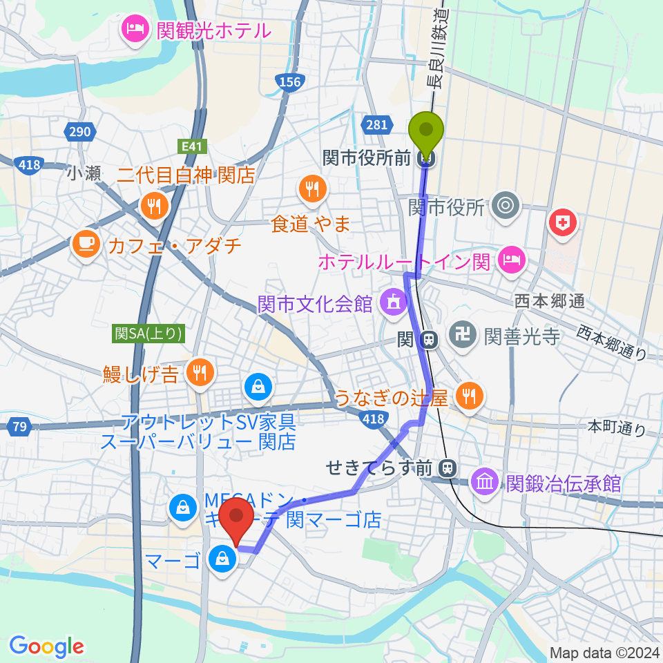 関市役所前駅からシネックスマーゴへのルートマップ地図