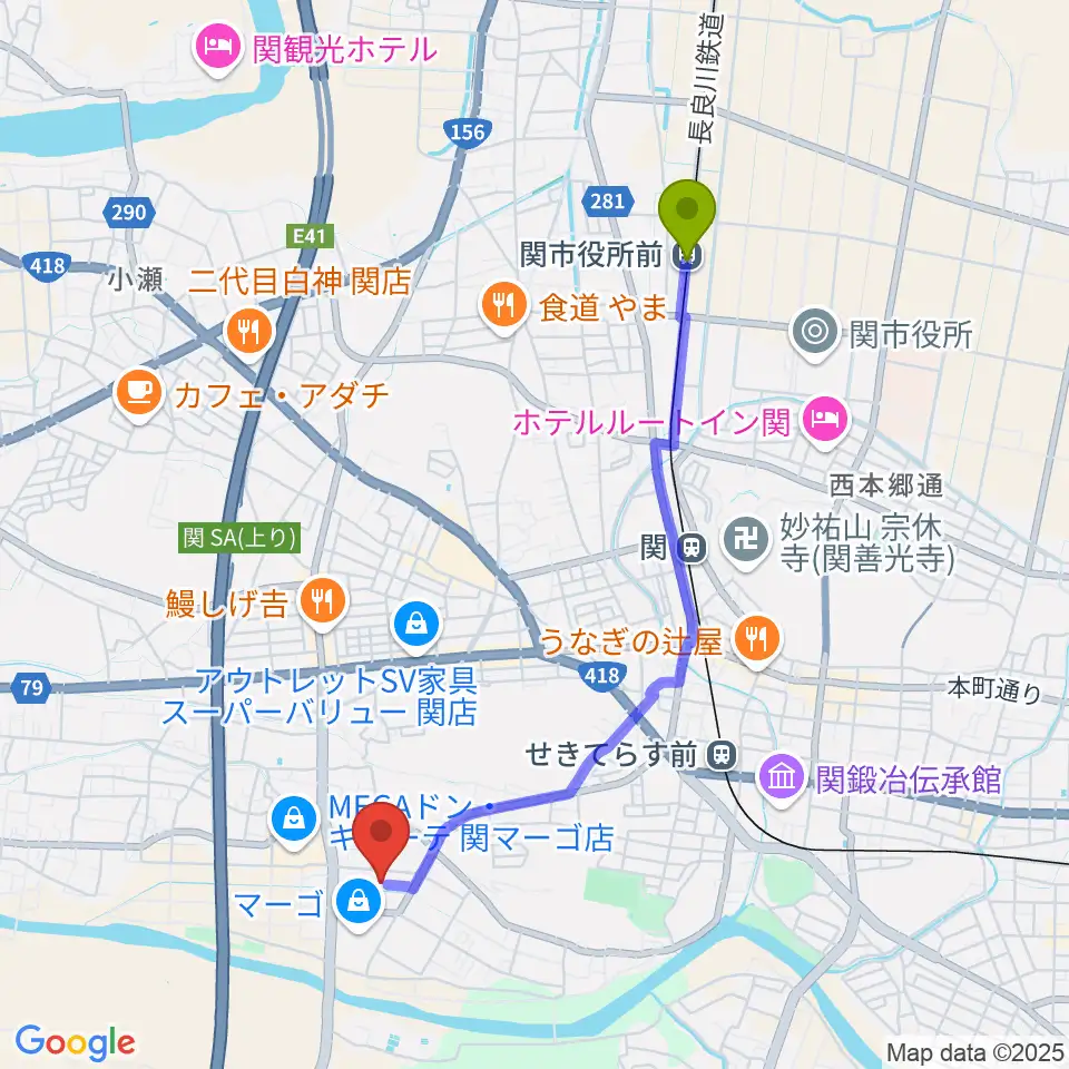 関市役所前駅からシネックスマーゴへのルートマップ地図