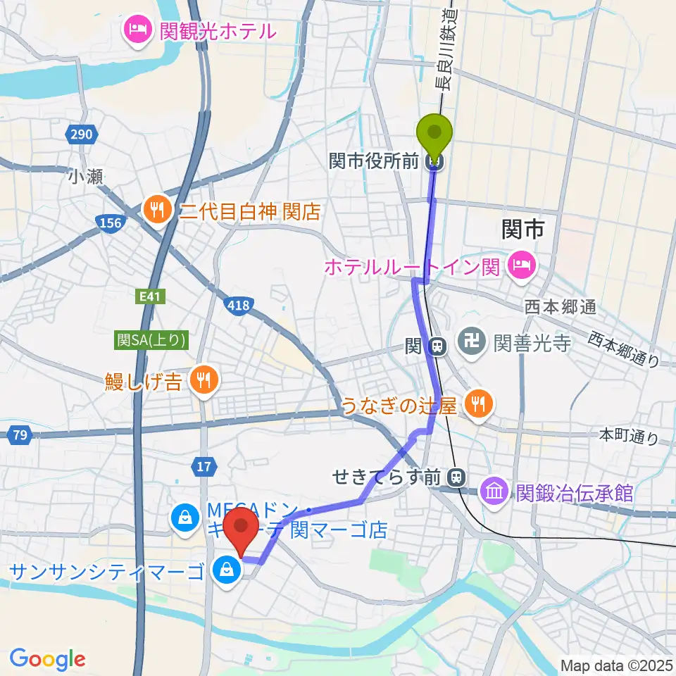関市役所前駅からシネックスマーゴへのルートマップ地図