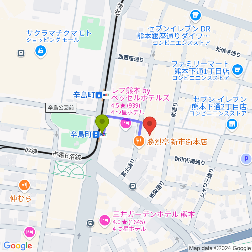 Denkikanの最寄駅辛島町駅からの徒歩ルート（約2分）地図