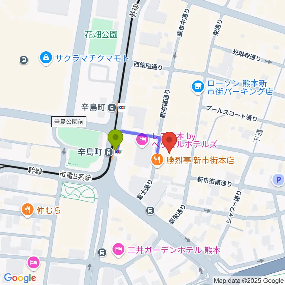 Denkikanの最寄駅辛島町駅からの徒歩ルート（約2分）地図