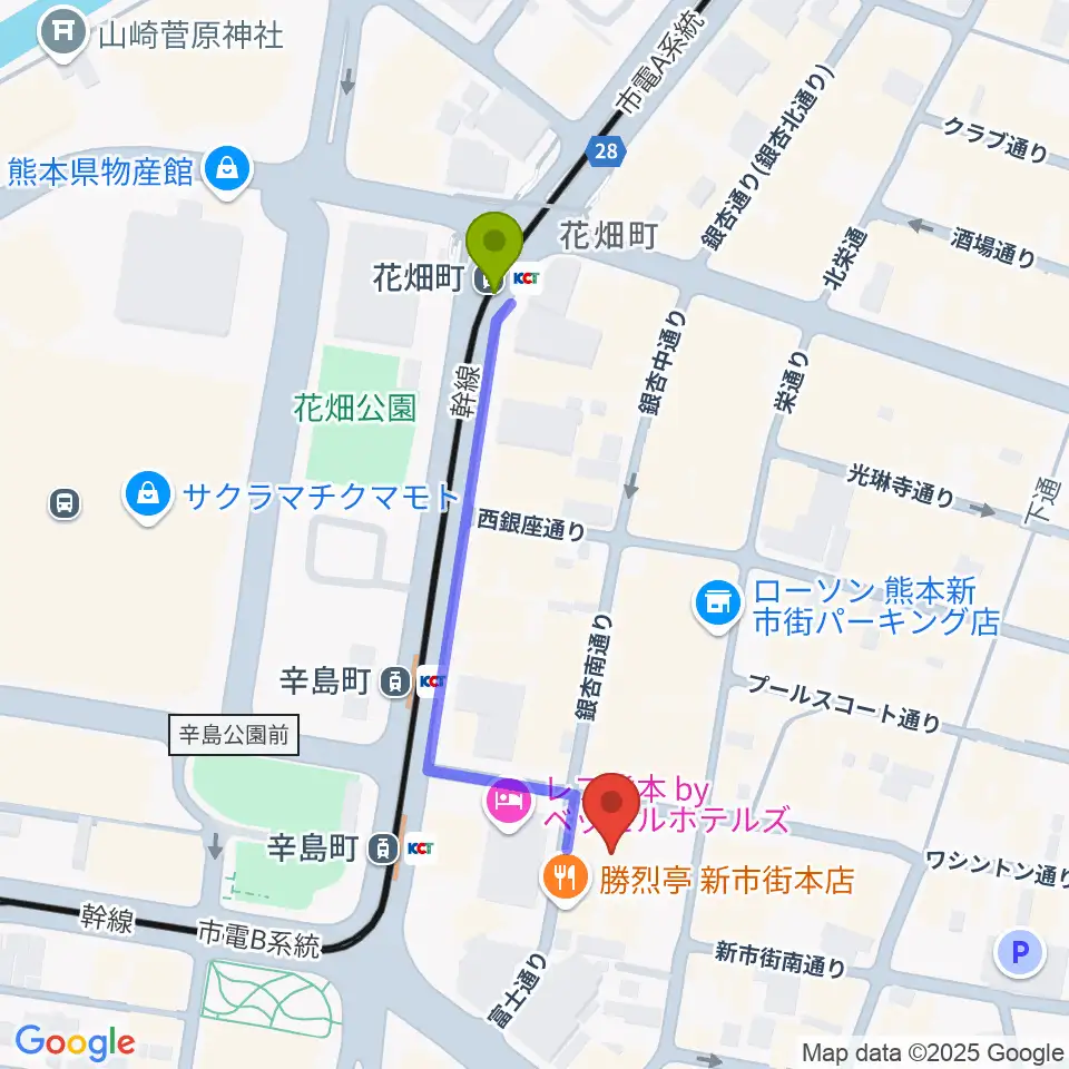 花畑町駅からDenkikanへのルートマップ地図