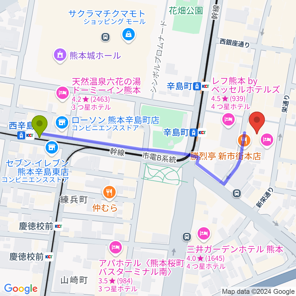 西辛島町駅からDenkikanへのルートマップ地図