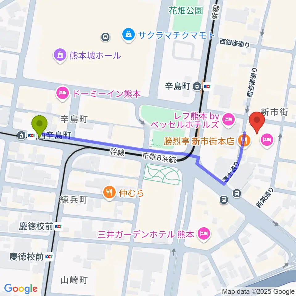西辛島町駅からDenkikanへのルートマップ地図