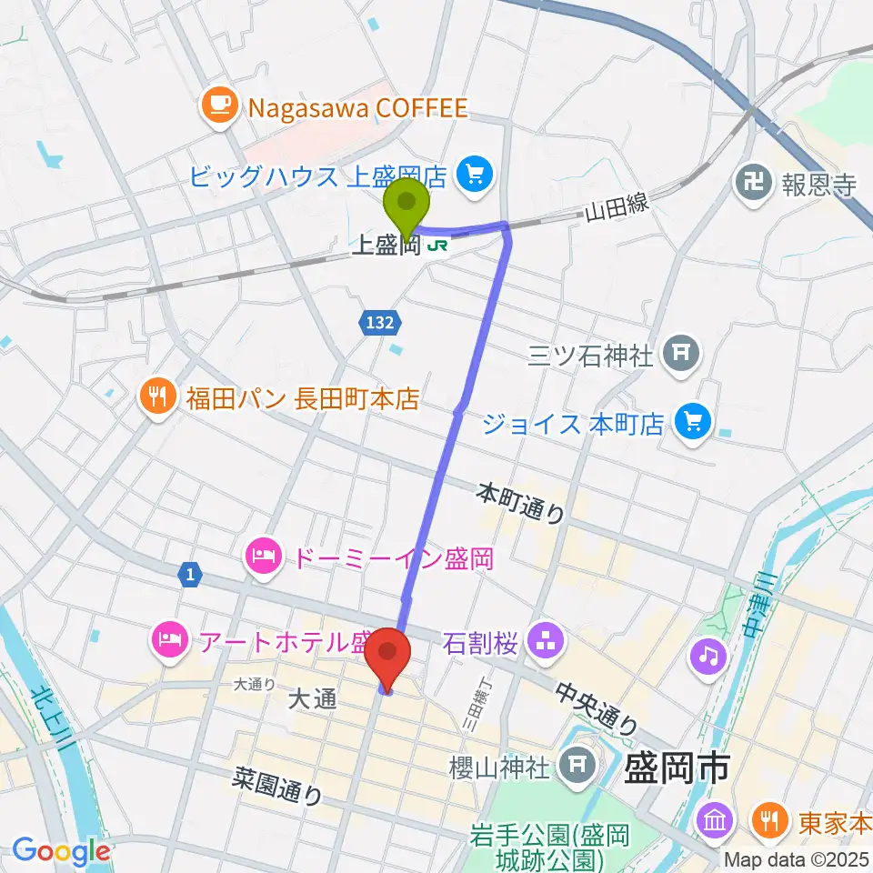 中央映画劇場の最寄駅上盛岡駅からの徒歩ルート（約15分）地図