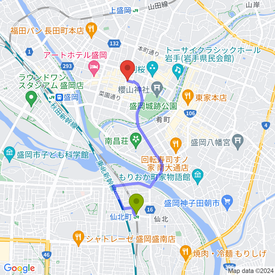 仙北町駅から中央映画劇場へのルートマップ地図