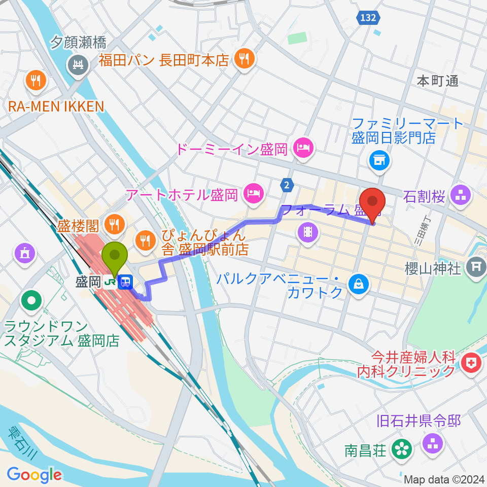 盛岡駅から中央映画劇場へのルートマップ地図