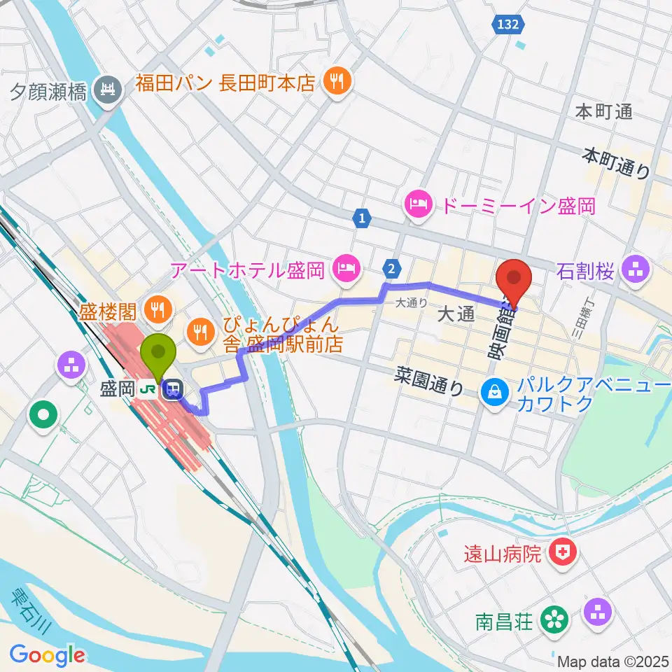 盛岡駅から中央映画劇場へのルートマップ地図