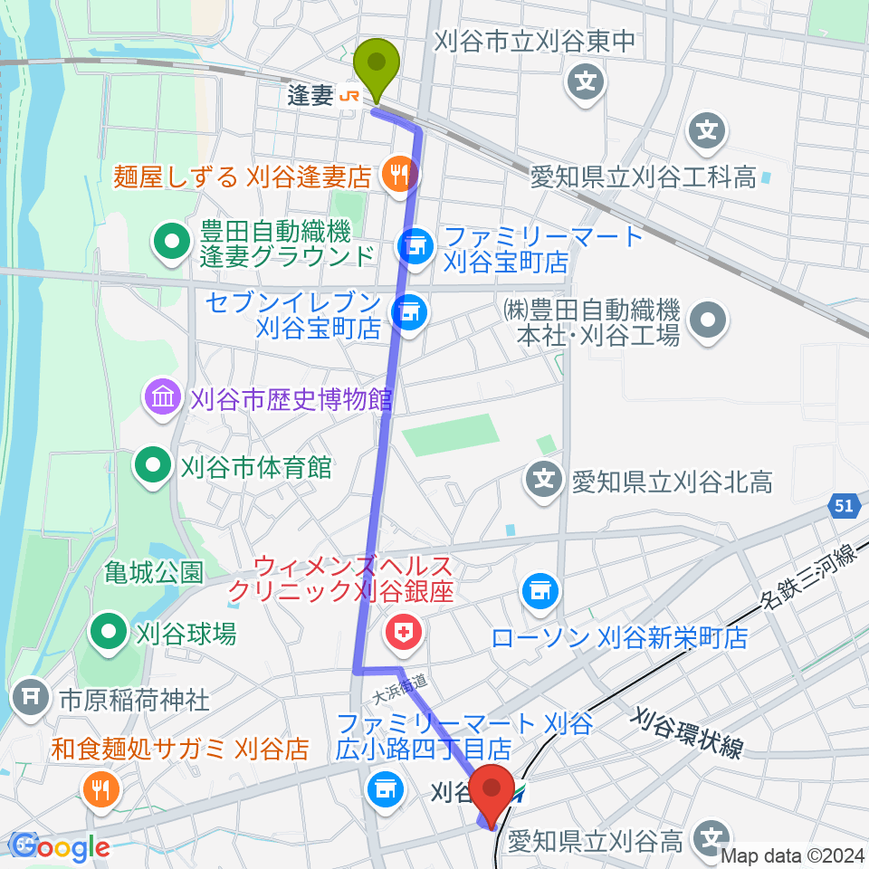 逢妻駅から刈谷日劇へのルートマップ地図