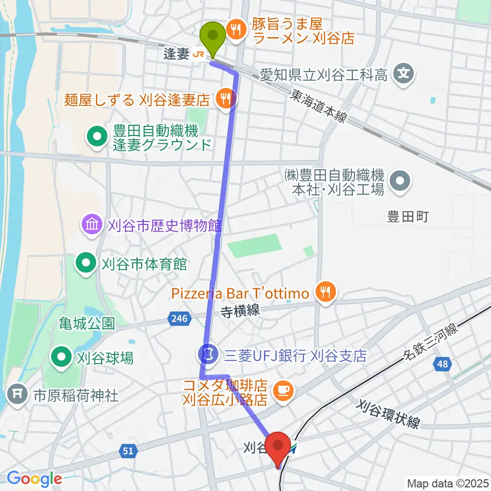 逢妻駅から刈谷日劇へのルートマップ地図