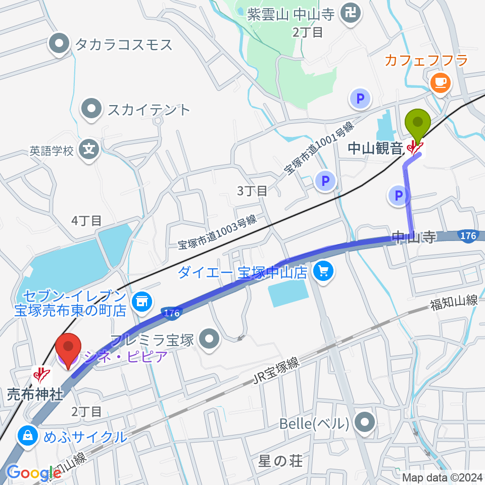 中山観音駅から宝塚シネ・ピピアへのルートマップ地図