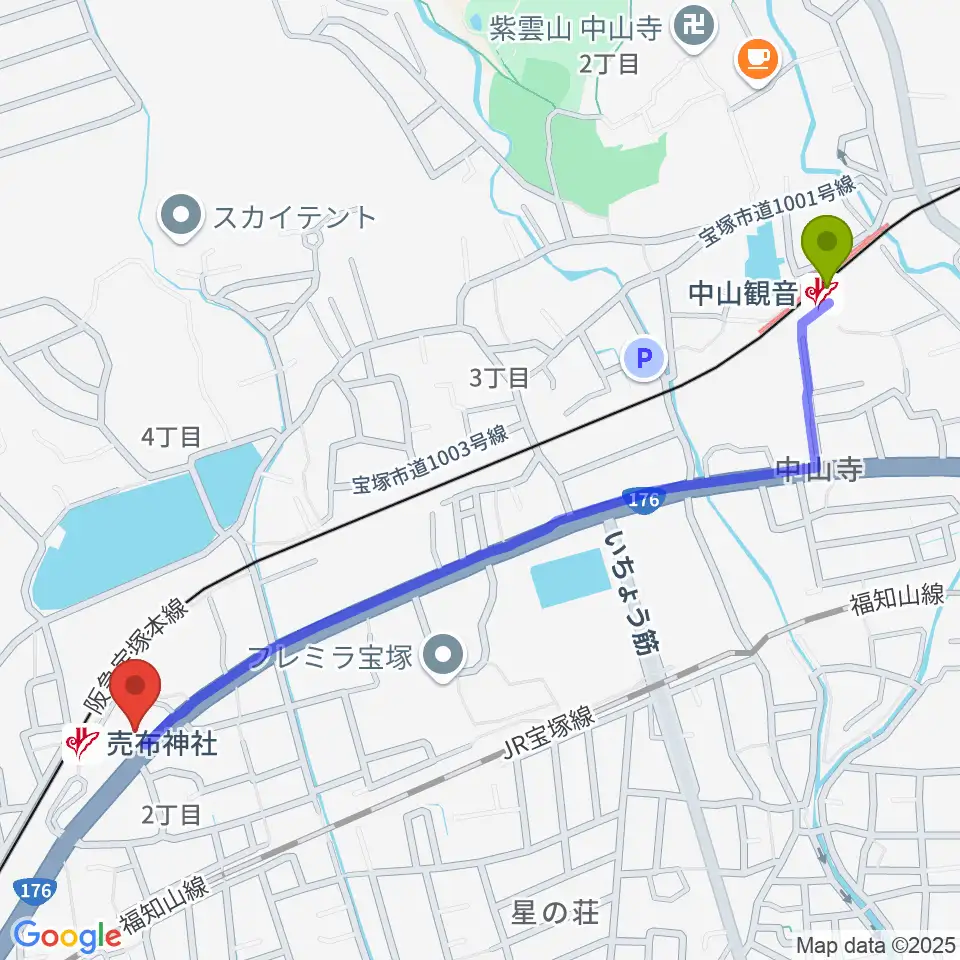 中山観音駅から宝塚シネ・ピピアへのルートマップ地図