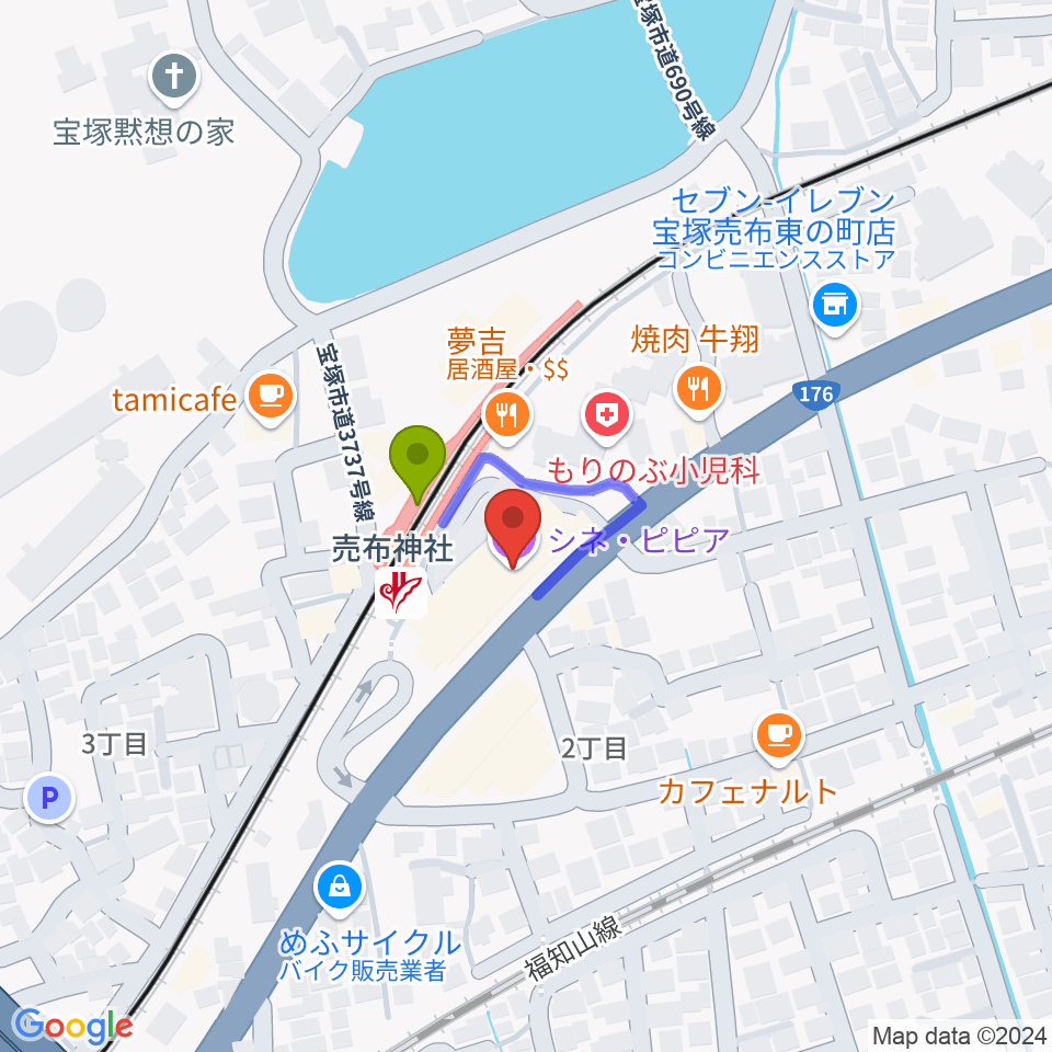 宝塚シネ・ピピアの最寄駅売布神社駅からの徒歩ルート（約1分）地図