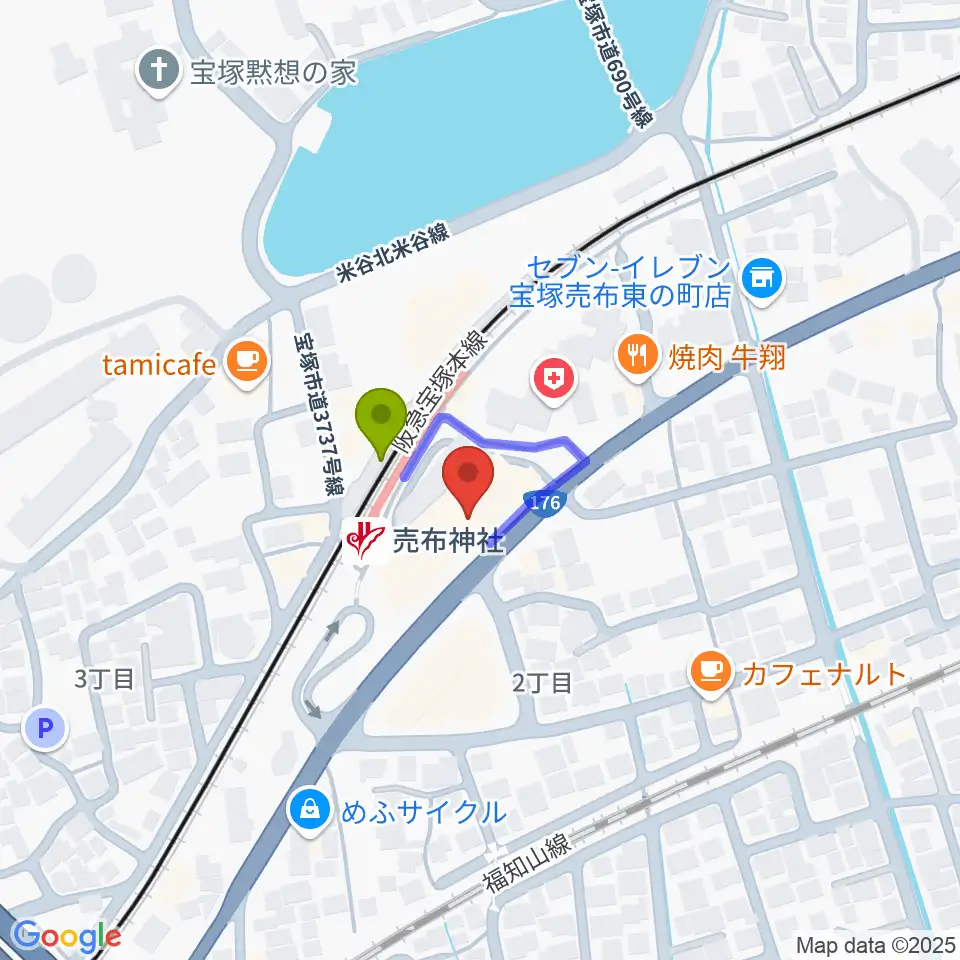 宝塚シネ・ピピアの最寄駅売布神社駅からの徒歩ルート（約1分）地図