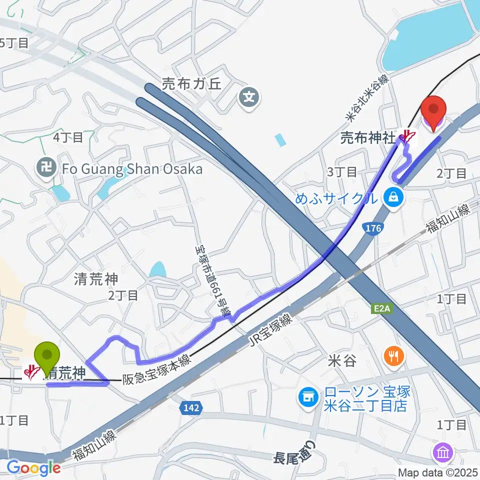 清荒神駅から宝塚シネ・ピピアへのルートマップ地図