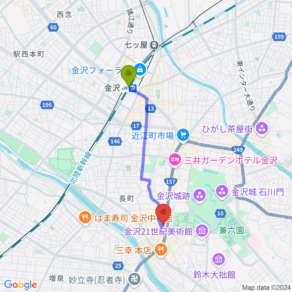 金沢駅から金沢シネモンドへのルートマップ地図