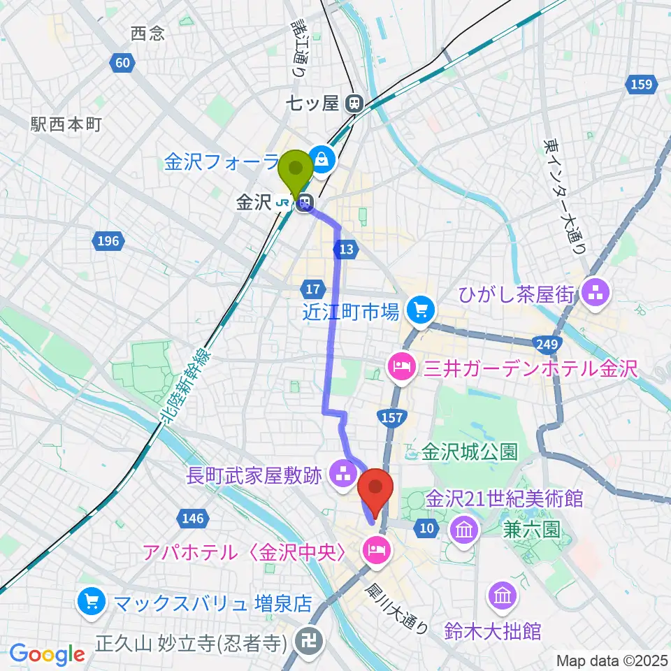 金沢駅から金沢シネモンドへのルートマップ地図