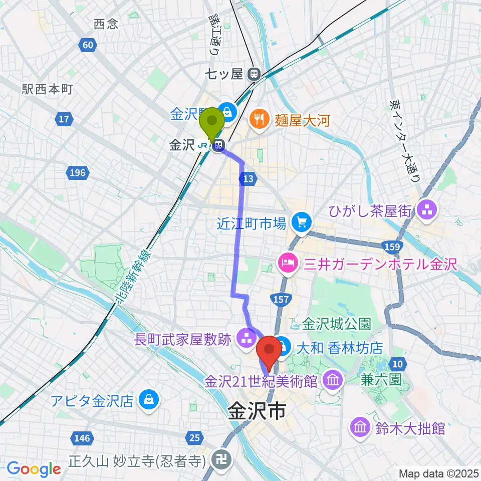 金沢駅から金沢シネモンドへのルートマップ地図