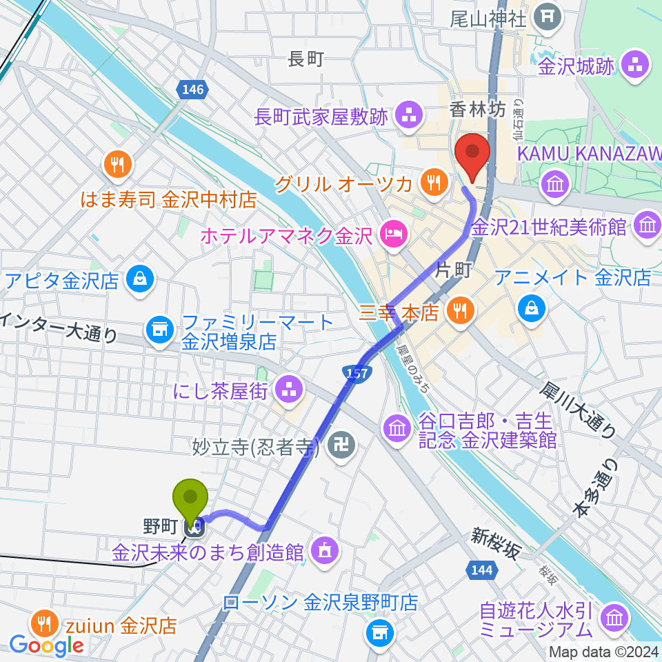 金沢シネモンドの最寄駅野町駅からの徒歩ルート（約21分）地図