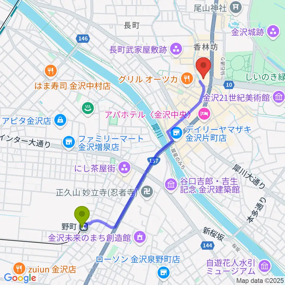 金沢シネモンドの最寄駅野町駅からの徒歩ルート（約21分）地図